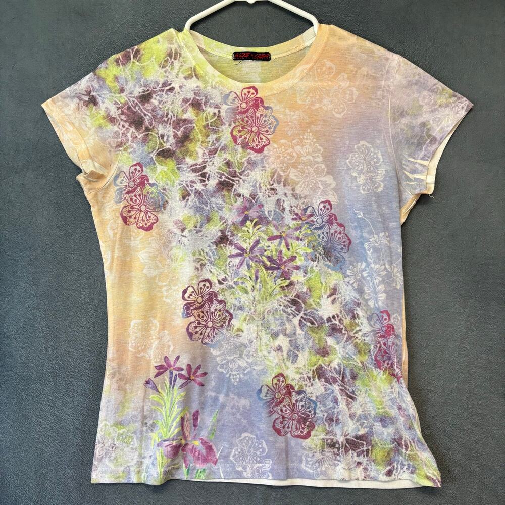 KOS USA Floral Sheer Tee Women’s S Multicolor Boho Y2K Artsy Top Boho Cottage
